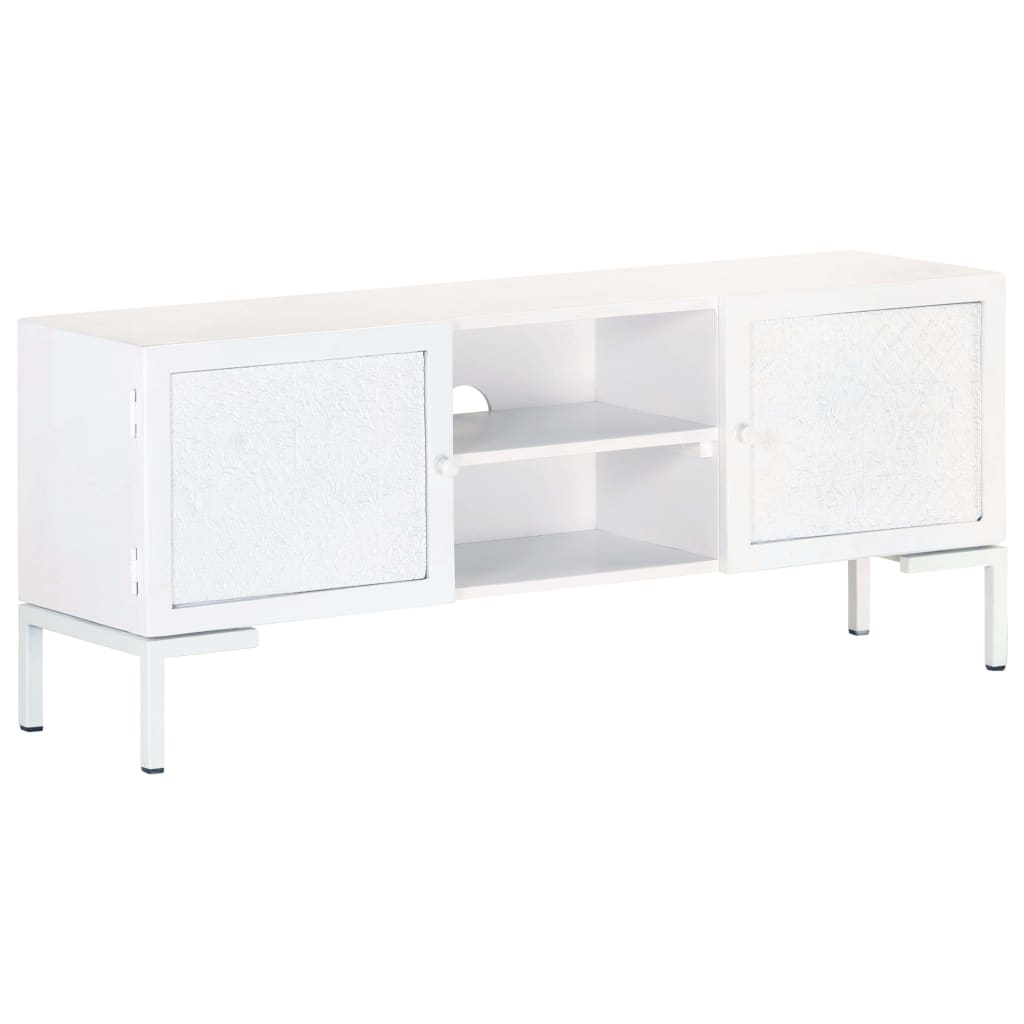 Meuble Tv Blanc 115X30X46 Cm Bois Massif De Manguier