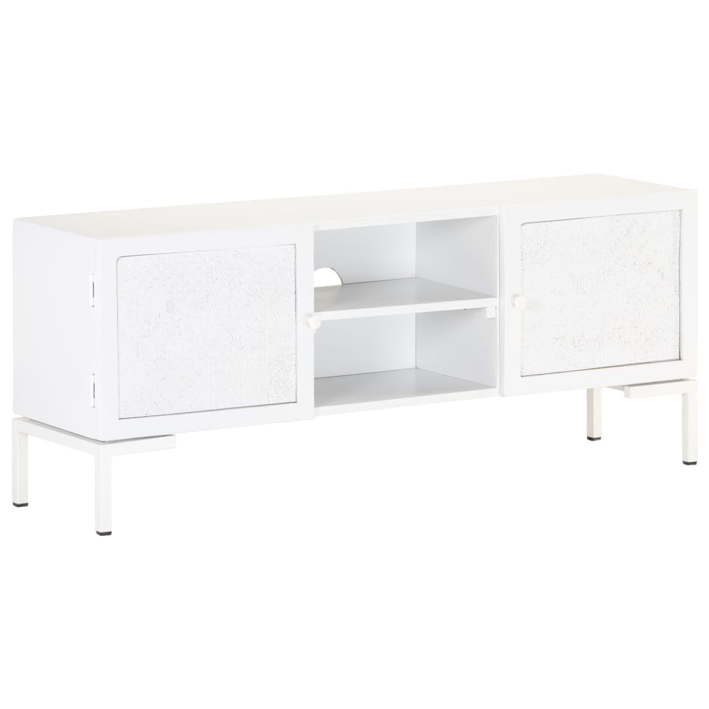 Meuble Tv Blanc 115X30X46 Cm Bois Massif De Manguier