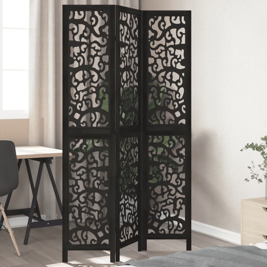 Cloison De Séparation 3 Panneaux Noir Bois De Paulownia Massif
