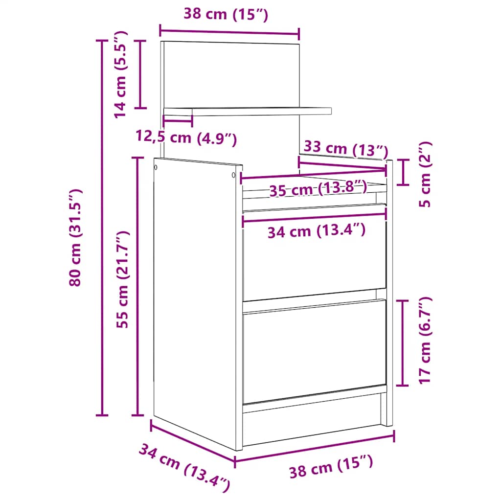 Table De Chevet Avec 2 Tiroirs 38X34X80 Cm