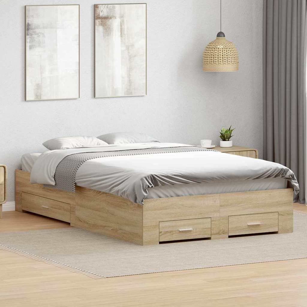 Cadre De Lit Avec Tiroir Marron 140 X 200 Cm Bois D'ingénierie Chêne Noir